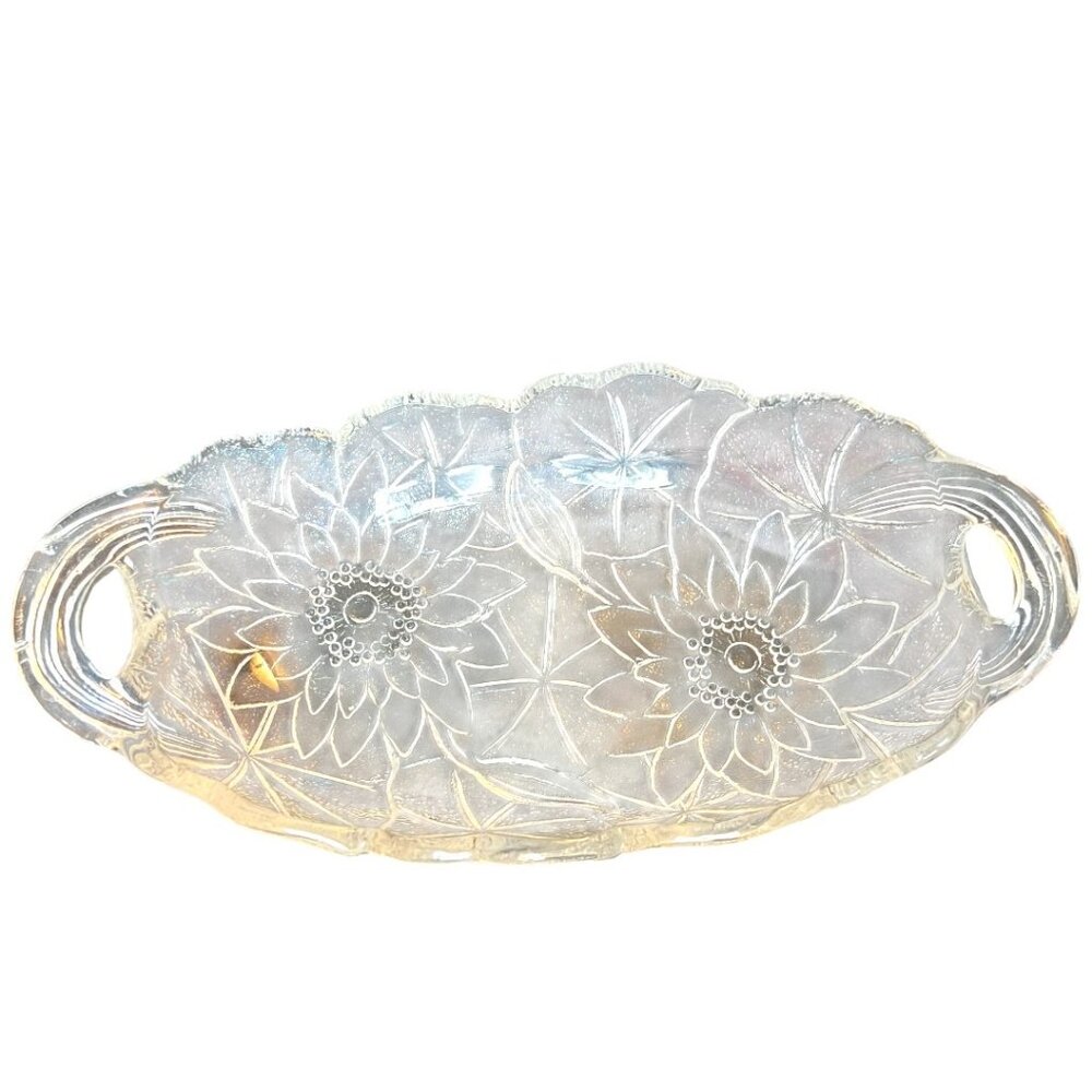 Vtg Clear Glass Double-Handled Oval Relish Dish Embossed Floral Motif Scalloped